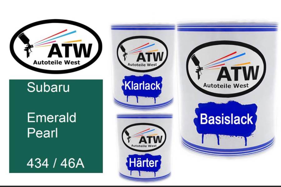 Subaru, Emerald Pearl, 434 / 46A: 1L Lackdose + 1L Klarlack + 500ml Härter - Set, von ATW Autoteile West.